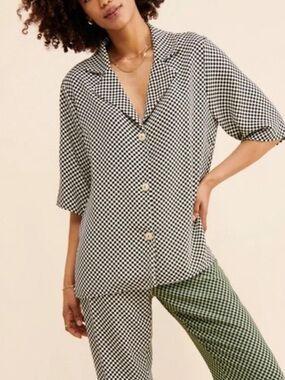 Lisa Says Gah! Dane Check Oversized Green Button-Up Shirt Blouse Size Small
